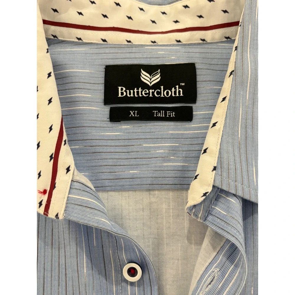 Buttercloth Mens XL Tall Fit Striped Button Down Shirt Blue White 100% Cotton
